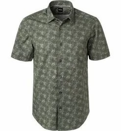 Brandneu 😉 BOSS Hemd Luka 50406417/306 Kurzarmhemd, Regular Fit, Popeline, Olivgrün gemustert, Dunkelgrün ✨
