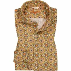 Auslauf 🌟 Stenströms Hemd 675221/8187/731 Fitted Body, Reines Leinen, Gelb-olive gemustert, Braun-grün 😍