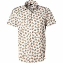 Am billigsten ❤️ BOSS Hemd Rash 50448073/263 Kurzarmhemd, Baumwoll-Stretch, Weiß-hellbraun gemustert, Khaki 🥰