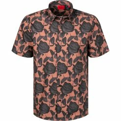 Bestpreis 😍 HUGO Hemd Ebor 50454371/239 Kurzarmhemd, Straight Fit, Baumwolle, Hellbraun gemustert, Hellbraun 🎉