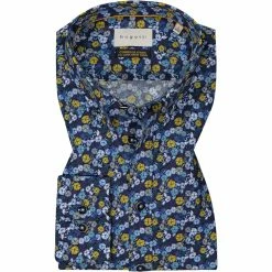 Aktion 🤩 bugatti Hemd 9350/88825/390 Modern Fit, Baumwolle, Weiß-multicolor gemustert, Navy-blau-gelb ✨