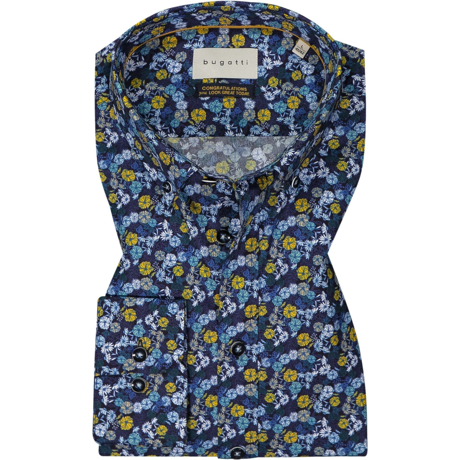 Aktion 🤩 bugatti Hemd 9350/88825/390 Modern Fit, Baumwolle, Weiß-multicolor gemustert, Navy-blau-gelb ✨ 1 Aktion 🤩 bugatti Hemd 9350/88825/390 Modern Fit, Baumwolle, Weiß-multicolor gemustert, Navy-blau-gelb ✨