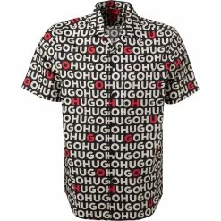 Bestes Angebot ❤️ HUGO Hemd Ellino 50468084/001 Kurzarmhemd, Straight Fit, Popeline, Schwarz-beige gemustert, Schwarz 🧨