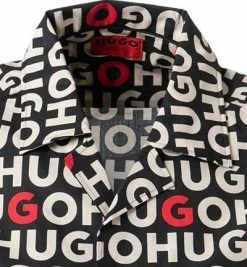 Bestes Angebot ❤️ HUGO Hemd Ellino 50468084/001 Kurzarmhemd, Straight Fit, Popeline, Schwarz-beige gemustert, Schwarz 🧨 -Hemden Verkaufsgeschäft 384445 norm2